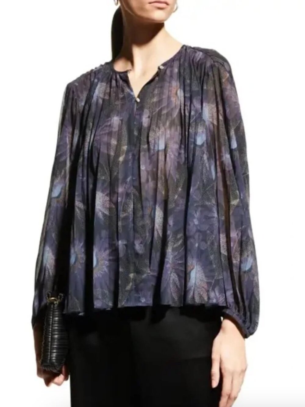 Vince Deco Floral Pleated Blouse Print Sheer Loose Fit Long Sleeve Boho sz L